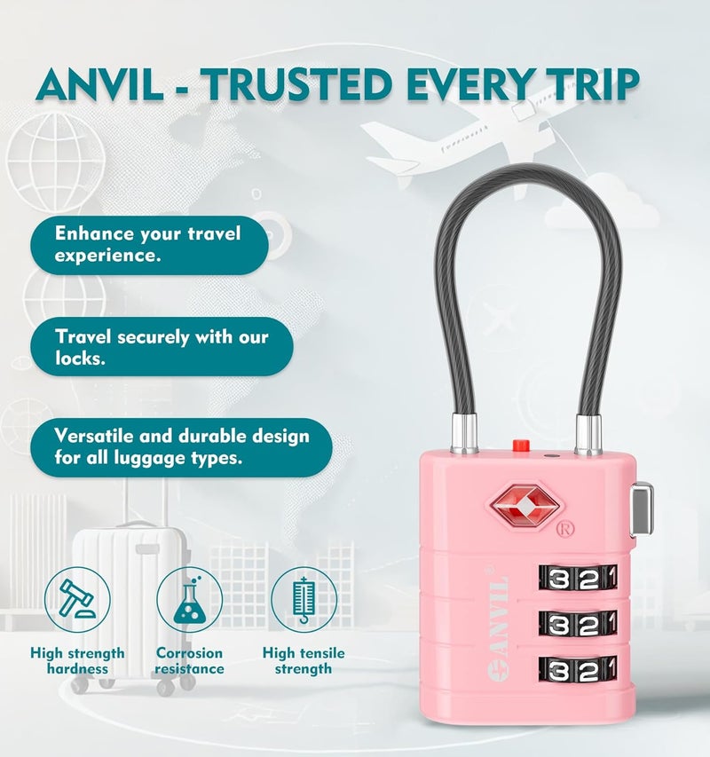 Anvil TSA Approved Luggage Locks – High Security TSA008 Combination Travel Locks with Inspection Indicator for Suitcases and Backpacks. (4 Colors) - Image 4